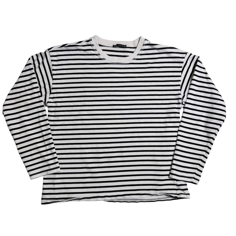 Zara Medium Black White Striped Long Sleeve Crew Neck Cotton Thick Knit T-Shirt